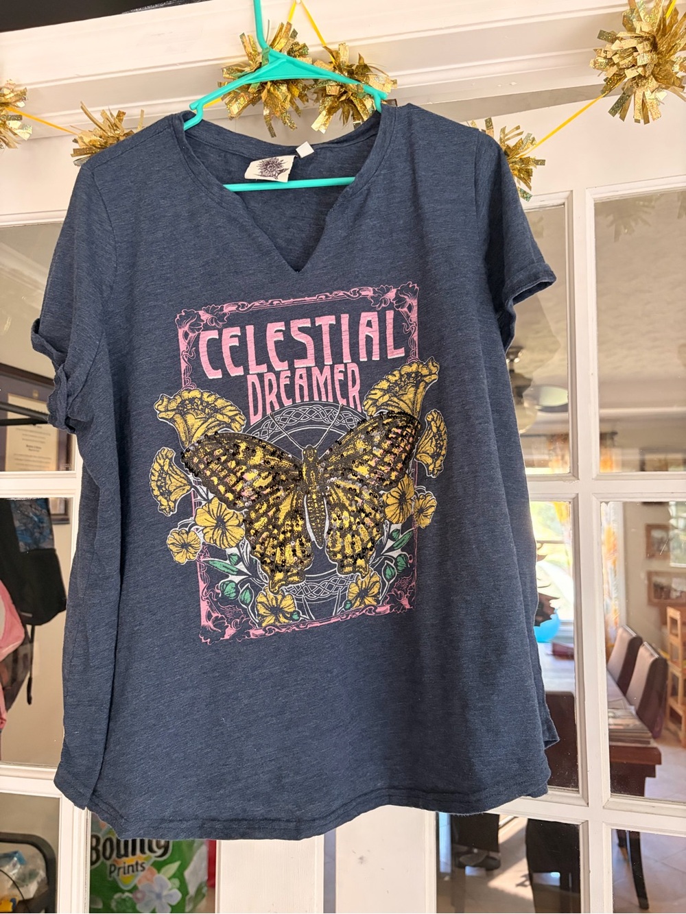 Celestial Dreamer Women's Navy Graphic Tee with Yellow Butterfly
